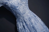 Kateprom Chic High Neck Prom Dress Blue Short Sleeve Long Prom Dress Evening Dress KPP1535