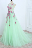 Kateprom Beautiful A line Scoop Blue Long Prom Dress Floral Formal Dresses Evening Gowns KPP1536