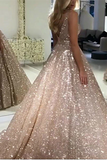 Kateprom Chic A line V neck Long Sparkly Gold Prom Dresses Evening Dress KPP1537