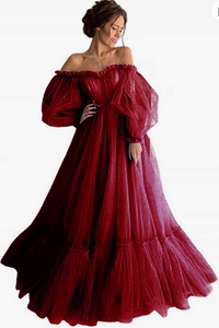 Kateprom Elegant Burgundy Long Sleeves Off the Shoulder Beaded Crystal Side Slit Prom Dresses KPP1539