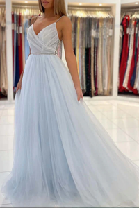 Kateprom Light Blue Tulle A line V neck Backless Long Prom Dresses, Evening Gown KPP1543