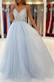 Kateprom Light Blue Tulle A line V neck Backless Long Prom Dresses, Evening Gown KPP1543