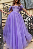 Kateprom Chic A line Sparkly Off the shoulder Purple Prom Dress Tulle Evening Dress With Split Front KPP1547
