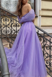Kateprom Chic A line Sparkly Off the shoulder Purple Prom Dress Tulle Evening Dress With Split Front KPP1547