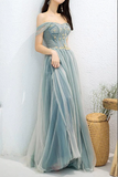 Kateprom Dusty Blue Tulle Beaded Off the Shoulder Long Prom Dresses, Formal Dress KPP1548