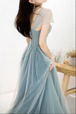 Kateprom Dusty Blue Tulle Beaded Off the Shoulder Long Prom Dresses, Formal Dress KPP1548