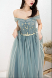Kateprom Dusty Blue Tulle Beaded Off the Shoulder Long Prom Dresses, Formal Dress KPP1548
