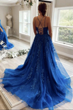 Kateprom Blue Tulle Lace A line Scoop Lace Up Long Prom Dresses, Evening Gown KPP1549