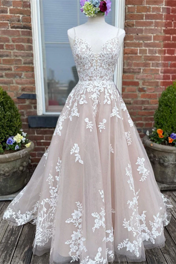 Kateprom Chic A line V neck Sleeveless Prom Dress Tulle Applique Wedding Dress KPW0710