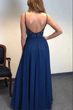 Kateprom Navy Blue A line Beaded Spaghetti Straps Prom Dresses, Long Formal Dress KPP1550