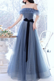 Kateprom Grey Blue Tulle A line Off Shoulder Prom Dresses, Long Formal Dresses KPP1551