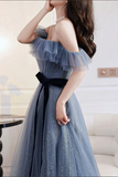 Kateprom Grey Blue Tulle A line Off Shoulder Prom Dresses, Long Formal Dresses KPP1551