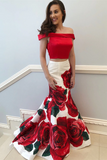 Kateprom Mermaid Prom Dresses Off the shoulder Red Floral Two Pieces Prom Dress Evening Dress KPP1553