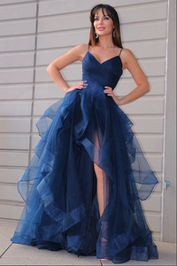 Kateprom Navy Blue Tulle A line V neck Prom Dress With Ruffles, Long Formal Dresses KPP1554