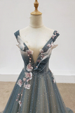 Kateprom Chic A line Gray Blue V neck Long Beaded Prom Dress Tulle Floral Evening Party Dress KPP1557