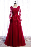 Kateprom Chic A line Bateau Burgundy Lace Prom Dress Long Sleeve Tulle Evening Dresses KPP1558