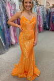 Kateprom Sparkle Orange Sequin Mermaid Long Prom Formal Dress KPP1560