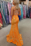 Kateprom Sparkle Orange Sequin Mermaid Long Prom Formal Dress KPP1560