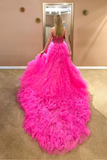 Kateprom Strapless Hot Pink Tulle High Low Ball Gown Simple Prom Dress KPP1563