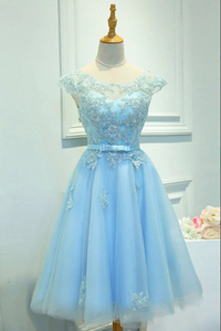 Kateprom Light Blue Capped Sleeve Short Prom Dress, Mid Back Appliques Homecoming Dress KPH0604