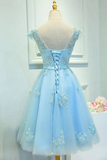Kateprom Light Blue Capped Sleeve Short Prom Dress, Mid Back Appliques Homecoming Dress KPH0604