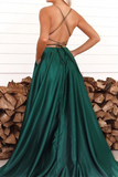 Kateprom Chic A line Spaghetti Straps Dark Green Scoop Prom Dress Satin Evening Split Dress KPP1572