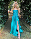 Kateprom Halter Satin Slit Prom Dresses with Sequins Long Prom Gown Evening Dress KPP1574