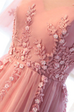 Kateprom Chic A line Scoop Long Pink Tulle Prom Dress Applique Evening Party Dresses KPP1575
