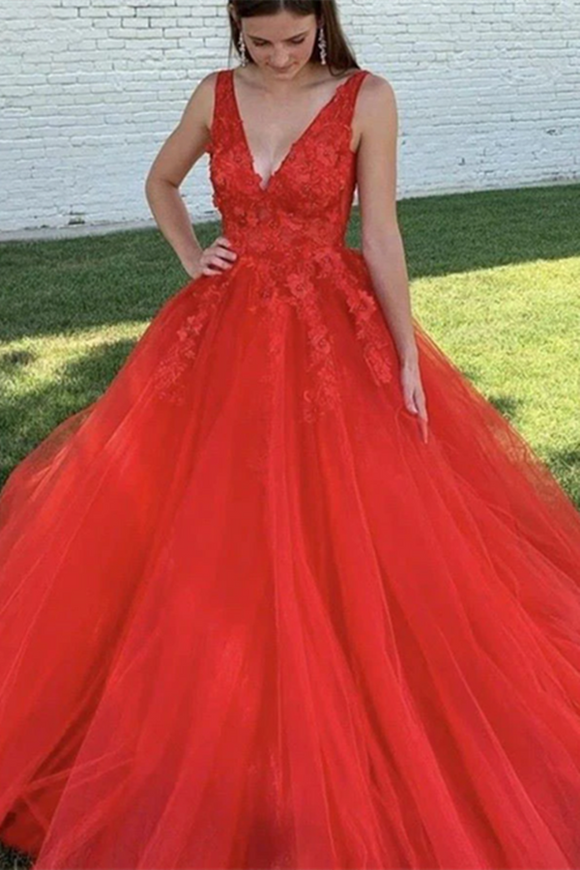 Kateprom Chic A line Red V neck Beaded Prom Dress Tulle Applique Long Evening Formal Dress KPP1576