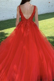 Kateprom Chic A line Red V neck Beaded Prom Dress Tulle Applique Long Evening Formal Dress KPP1576