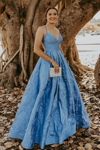 Kateprom Vintage Ball Gown V Neck Straps Blue Prom Dresses with Pockets KPP1578