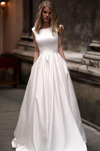 Kateprom Vintage A line Princess Ivory Satin Long Wedding Dresses with Pockets KPW0711