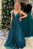 Kateprom Glitter A Line Teal Long Prom Dress with Spaghetti Straps KPP1583