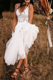 Kateprom Elegant White Backless A line Unlined Lace Bodice V neck Wedding Dress KPW0712