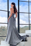 Kateprom Sheath Column Sparkly Spaghetti Straps Silver Grey Prom Dress Evening Dress With Split KPP1588