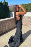 Kateprom Trumpet Mermaid V neck Black Long Simple Prom Dress Satin Evening Dress KPP1589