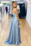 Kateprom Sparkly Light Blue A line V neck Prom Dresses With Side Slit, Evening Gown KPP1593