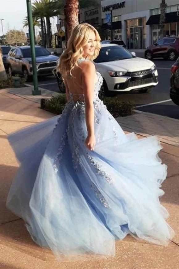Kateprom Sky Blue A Line Elegant Backless Floral Lace Long Prom Dress KPP1595