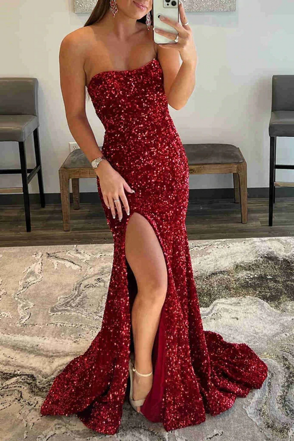 Kateprom Burgundy Strapless Mermaid Sequined Long Prom Dress with Slit, Formal Evening Gown KPP1597