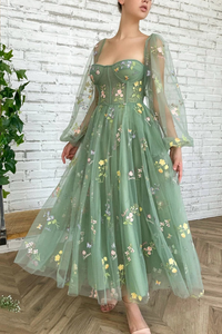 Kateprom Light Green Embroidered Tulle Dress Evening Dress Puffy Long Sleeve Prom Dress KPP1601