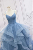 Kateprom Shiny Blue Tulle A line Spaghetti Straps Long Prom Dresses, Evening Gown KPP1602