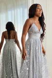 Kateprom Silver Tulle Spaghetti Straps V Neck Long Prom Dress With Slit, Evening Gown KPP1604