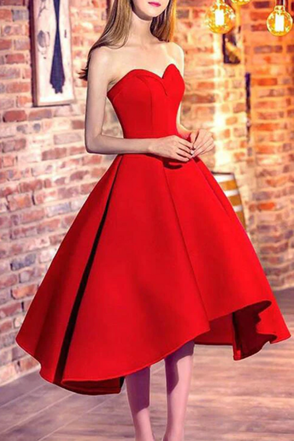 Kateprom Chic A line Sweetheart Red Pretty Satin Prom Dress High Low Evening Party Dress KPH0605