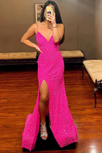 Kateprom Straps Hot Pink Sequins Mermaid Long Prom Dress Evening Party Dresses KPP1606