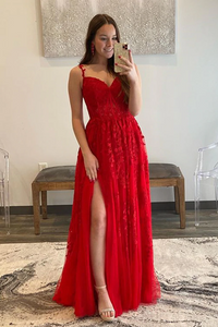 Kateprom A Line V Neck Red Lace Long Prom Dresses, Red Lace Long Formal Graduation Dresses KPP1607