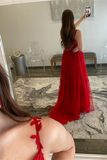 Kateprom A Line V Neck Red Lace Long Prom Dresses, Red Lace Long Formal Graduation Dresses KPP1607
