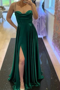 Kateprom Elegant Green Satin Long Prom Dress with High Slit Formal Graduation Evening Dress KPP1610