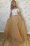 Kateprom Two Piece Lace Tulle Prom Dresses With Beaded, Off the Shoulder Evening Gown KPP1611