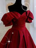 Kateprom Burgundy Off Shoulder Satin Long Prom Evening Dress KPP1612