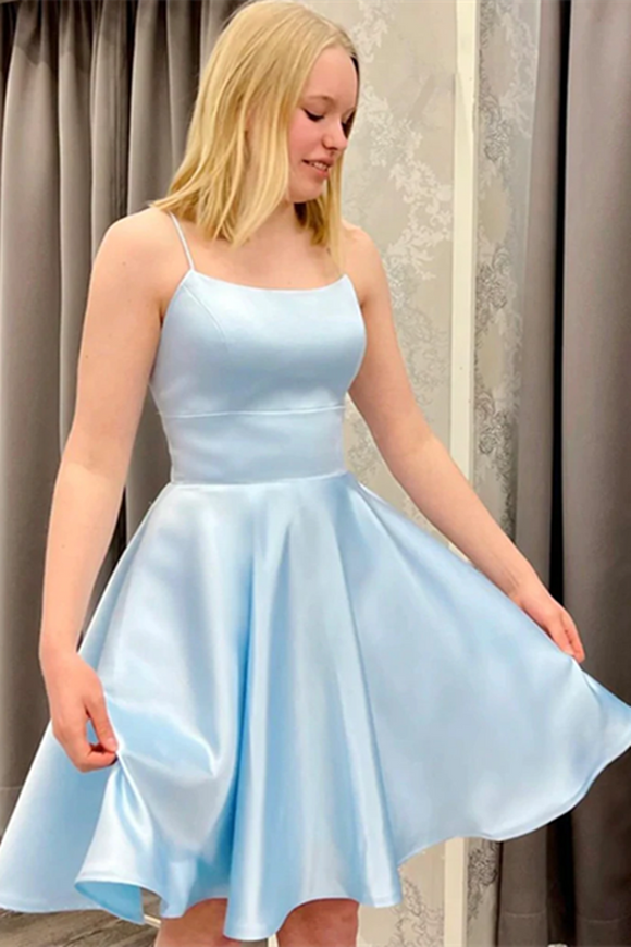 Kateprom Short Backless Sky Blue Satin Prom Dresses Light Blue Open Back Satin Formal Graduation Dresses KPP1614 US6 Custom Color Leave The Color